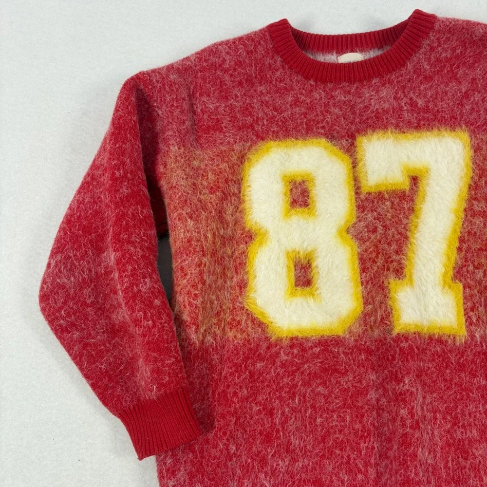 Fancy Schmancy Sweater KC Chiefs Kelce 87 Fuzzy Knit‎ Swifty Girls Size 10 Red